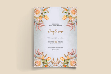 WEDDING INVITATION FRAME WITH FLOWER DECORATIONS AND FRESH LEAVES