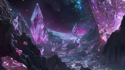 Obraz premium Mystical Alien Terrain with Luminous Crystals and Iridescent Fluids, Enigmatic and Breathtaking Exoplanet Scene