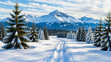 Fototapeta premium Breathtaking winter landscape with snowy mountains and pine trees