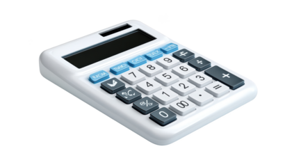 White calculator with various number and function keys, isolated on black