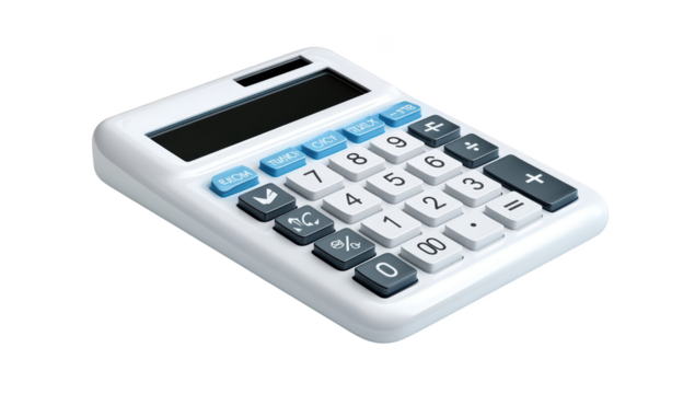 White calculator with various number and function keys, isolated on black - Powered by Adobe