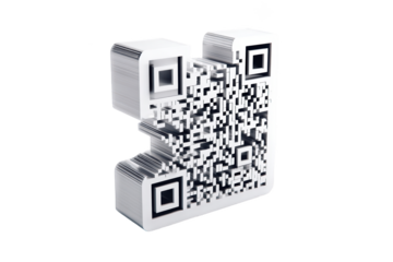 3D rendering of a white QR code, slightly tilted against a black background