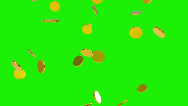 Gold coins exploding isolated on green screen 3d, coin rain with alpha channel. Falling Treasure looping coin pattern. Business and currency Concept gold coin spinning in the air overlay animation.