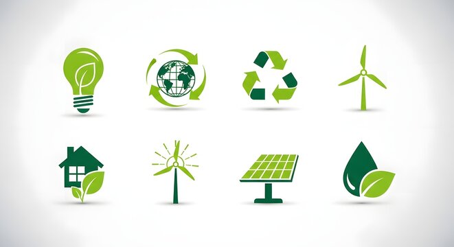 Green energy icons including lightbulb, earth, recycle, windmill, house, solar panel, and water drop for sustainability