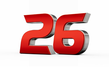 Metallic Red number 26 or Twenty six with silver edges stands on a white background. 3d illustration