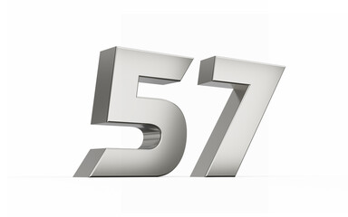 3d Silver number 57 Fifty seven sleek metallic look isolated on white background, 3d illustration