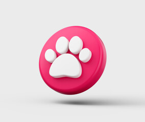 Pink circular button with a white paw print symbol, representing pets or animals. 3D Illustration