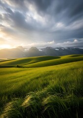 Fototapeta premium Dramatic Landscape of Rolling Green Hills Under Cloudy Sky.