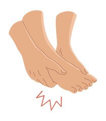Vector illustration of foot pain with highlighted painful area. Isolated flat style medical concept for health, podiatry, arthritis, injury or anatomy design
