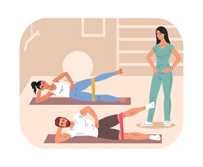 Man and woman perform side lying leg exercise with resistance band under physiotherapist supervision. Flat vector illustration for rehab, therapy and fitness training