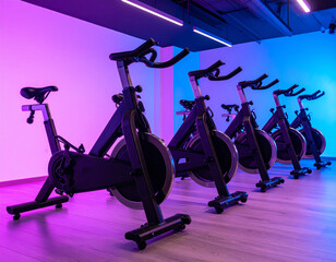 Row of Spin Class Bikes Under Neon Purple and Blue Lights