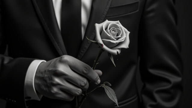 Elegant man in suit holding rose, showcasing sophistication and charm. black and white contrast enhances emotional depth of image