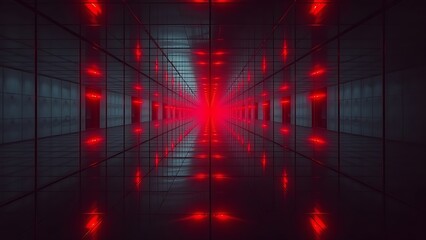 Infinite mirror corridor with ominous red warning lights flashing at the vanishing point.