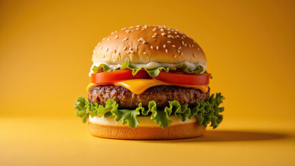 Delicious burger with sesame seed bun, fresh lettuce, tomato, and melted cheese, perfect for satisfying meal