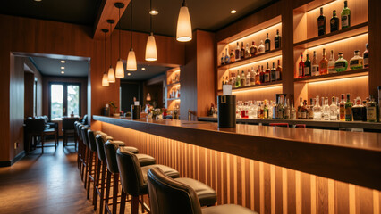 Modern bar interior with wooden accents, stylish lighting, and variety of spirits displayed on shelves. cozy atmosphere invites relaxation