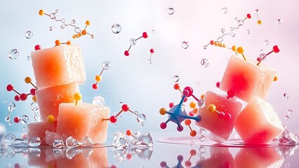 Floating sugar cubes dissolving into vibrant molecular structures, depicting metabolic balance.