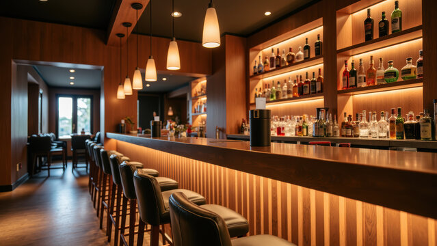 Modern bar interior with wooden accents, stylish lighting, and variety of spirits displayed on shelves. cozy atmosphere invites relaxation
