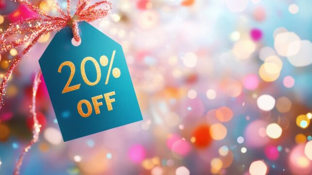 Discount tag displaying 20 percent off against a colorful festive background
