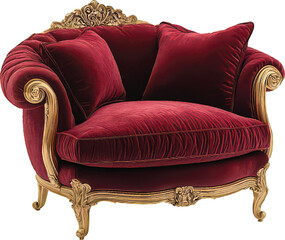 Single seater armchair in rich burgundy velvet with gold ornate carved frame and plush cushions