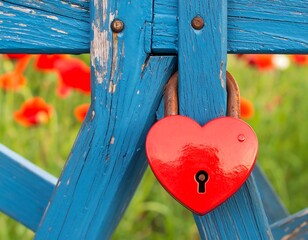 Heart-shaped padlock on blue wooden fence, poppies in background