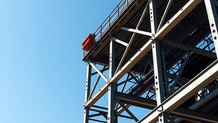 Industrial steel structure with geometric patterns, highlighting construction progress under clear skies.