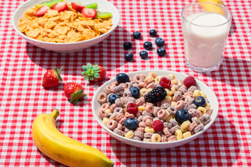 Two bowls of cereal with fruits on red checkered tablecloth, one with cornflakes, strawberries, kiwi, and another with colorful loops, blueberries, raspberries, blackberry, banana, and milk