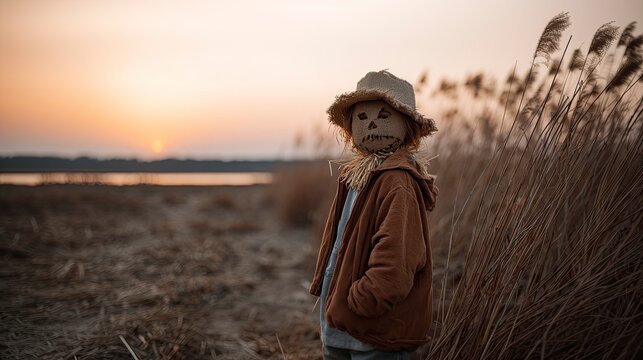Straw hat scarecrow figure facing camera in golden field.