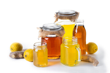 Colorful Kombucha Jars and Bottles isolated on white background