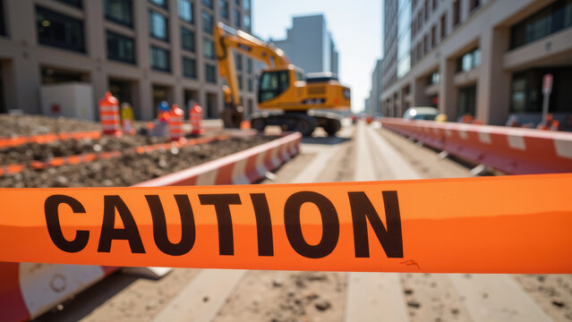 Caution tape marks construction site with heavy machinery in background, indicating ongoing work and potential hazards