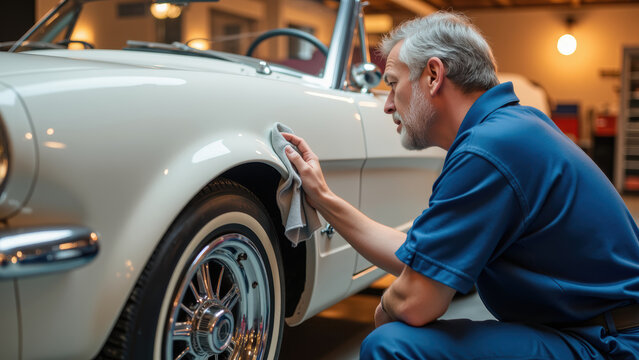 Classic car restoration vintage automobile man polishing garage setting automotive care detailed cleaning chrome wheels retro vehicle - Powered by Adobe
