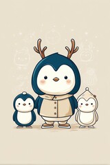 Fototapeta premium Cute penguin family dressed for winter fun in a cheerful setting