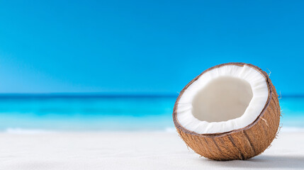 Coconut is sitting on the sand next to the ocean