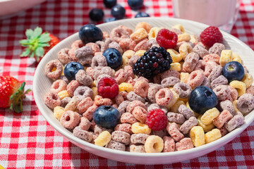 Close up of colorful cereal loops topped with fresh blueberries, raspberries, and blackberry in a bowl on red checkered tablecloth, highlighting healthy breakfast and vibrant texture