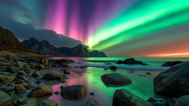 A scenic view of the mesmerizing aurora borealis illuminating a rocky beach at night. The colorful lights dance above the tranquil ocean, creating a breathtaking natural spectacle. 