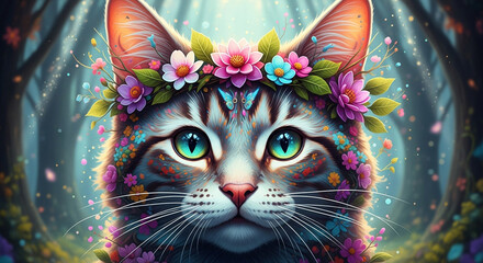 A whimsical tabby cat with bright green eyes wears a colorful flower crown. This AI-generated portrait is set against a blurred, magical forest background.

