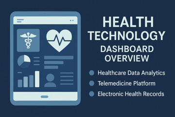 Health technology dashboard overview with healthcare data analytics, telemedicine platform, and electronic health records. image features digital tablet displaying medical icons and graphs