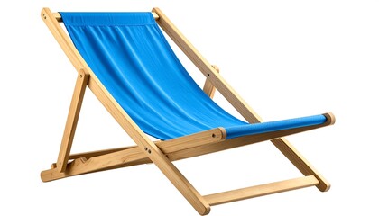 A light wooden beach chair with vibrant blue fabric reclines against a plain white background.