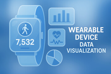 Wearable device displaying step count and health data visualization icons, including graphs and heart rate, on blue background