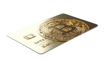 Fototapeta premium Golden Bitcoin superimposed over a credit card, isolated on black