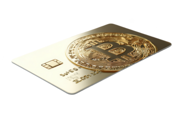 Golden Bitcoin superimposed over a credit card, isolated on black