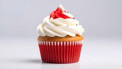 Delicious vanilla cupcake with red frosting, sprinkles, and a red liner.