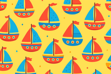 Seamless pattern of cute cartoon sailboats on a yellow background