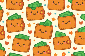 Cute Cartoon Wallets with Money Seamless Pattern
