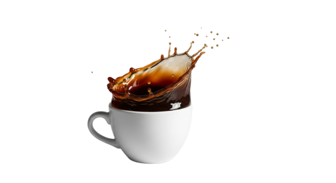 Coffee splash in a white cup on black isolated on transparent background - Dynamic image of coffee splashing out of a white cup with a dark background, capturing an action shot of liquid ...



