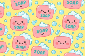 Adorable Pink Soap Bars with Happy Faces and Bubbles Seamless Pattern on Yellow Background