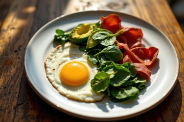 keto breakfast plate with scrambled eggs avocado bacon and spinach cinematic realism morning sunlight emphasizing healthy fats protein low carbs and nutrient rich meal for energy and wellness.