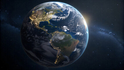 Fototapeta premium Earth from space view showing north america and south america with city lights and atmosphere glow