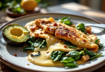 nutrient rich keto breakfast with omelette cheese spinach avocado cinematic realism morning sunlight emphasizing healthy fats protein low carbs vitamins minerals for energy and strength.