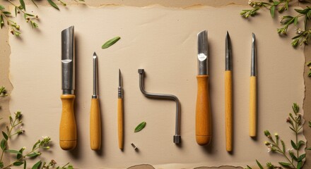 Several wood carving tools arranged on a paper background surrounded by greenery