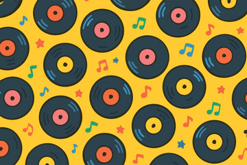 Retro vinyl records and musical notes on a yellow background